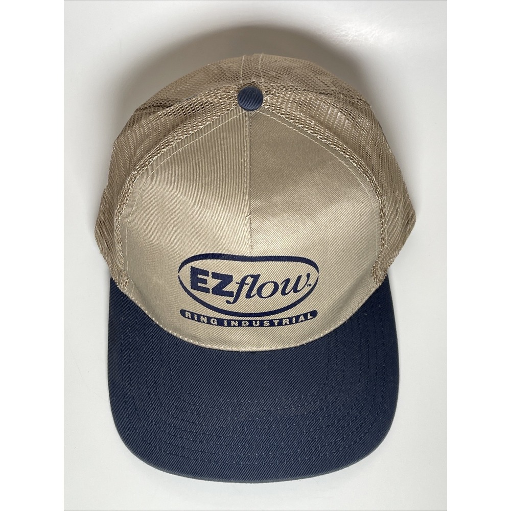 EZflow Ring Industrial Trucker Hat Tan Navy Blue Mesh Snapback Cap Vintage Style